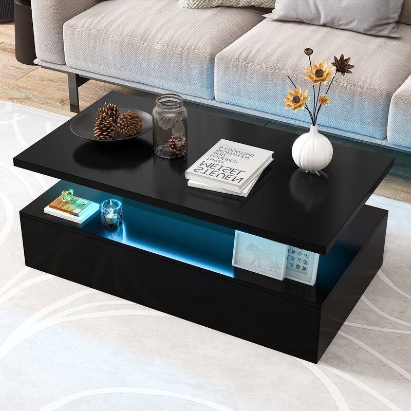 Gymax LED Coffee Table 2-Tier High Glossy with Adjustable Light &