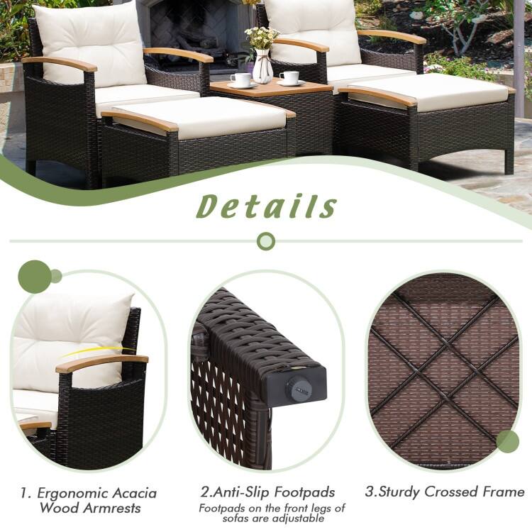 5 Pieces Patio Conversation Set with Cushions Coffee Table and 2 Ottomans - 25" x 24" x 29"