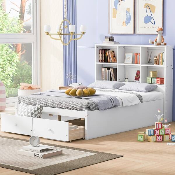 slide 2 of 22, Full Platform Bed w/ Storage Headboard, Charging Station and 2 Drawers White - Full
