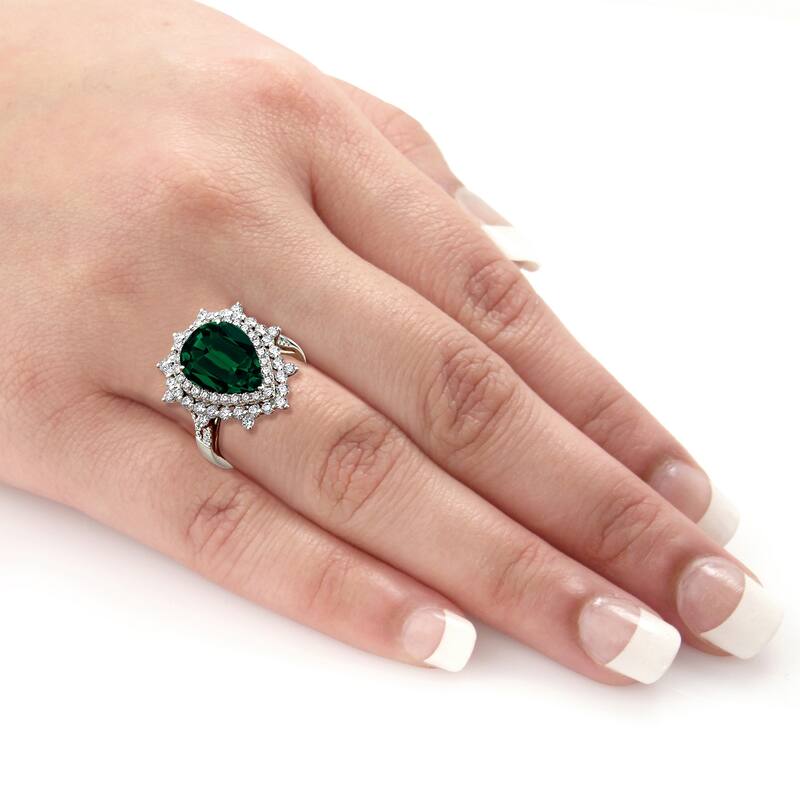Auriya 4 1/5ct Pear-cut Green Emerald and Halo Diamond Ring 1 1/4ctw 18K Gold