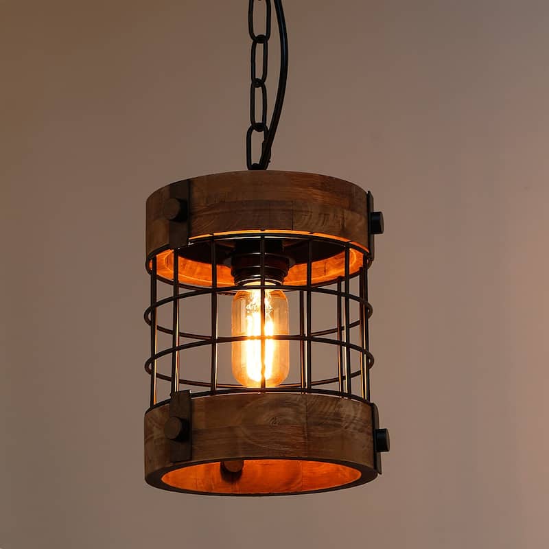Anmytek Round Pendant Light Metal Wood Chandelier Rustic Loft Antique Edison Light Fixtures and Ceiling Light