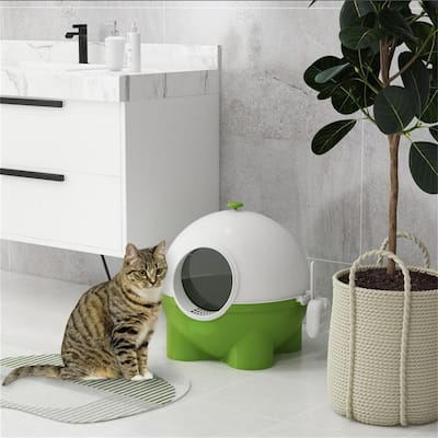 Dark Green and White Enclosed Cat Litter Box with Scoop and Sand Drain Enclosed Privacy
