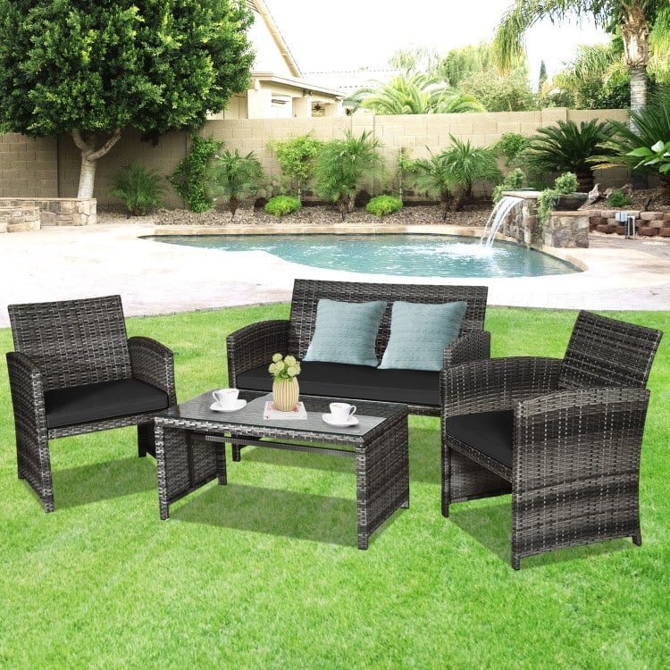 4 Pieces Patio Rattan Furniture Set with Glass Table and Loveseat - 43.5" x 25"x 31" (L x W x H)