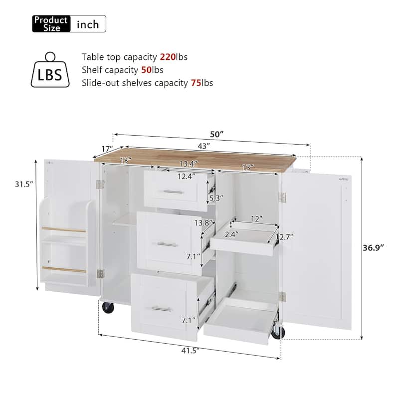 Rolling Kitchen Island with Storage,Kitchen Cart with Rubber Wood Top - White