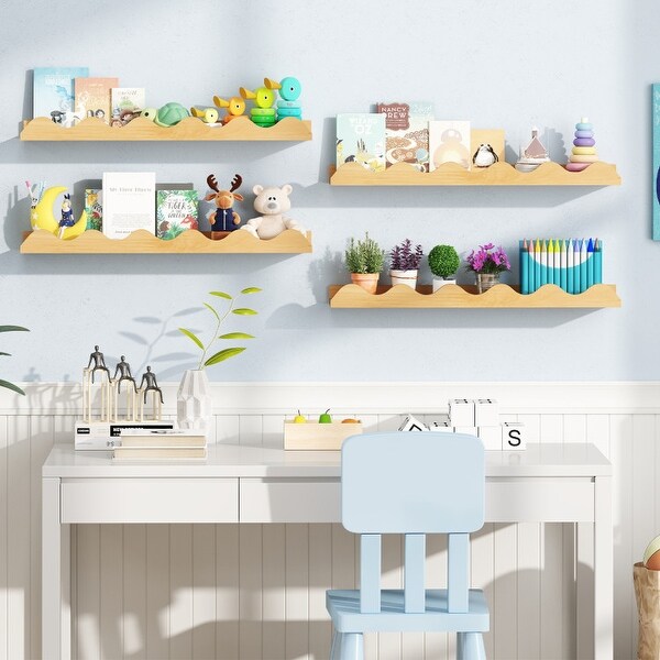 Natural Fir Wood Nursery Wall Shelves Set of 4 with Wavy Edges