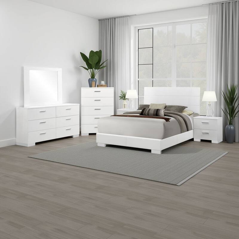 Sok 6pc Queen Bedroom Set with Dresser Mirror, White High Gloss Wood
