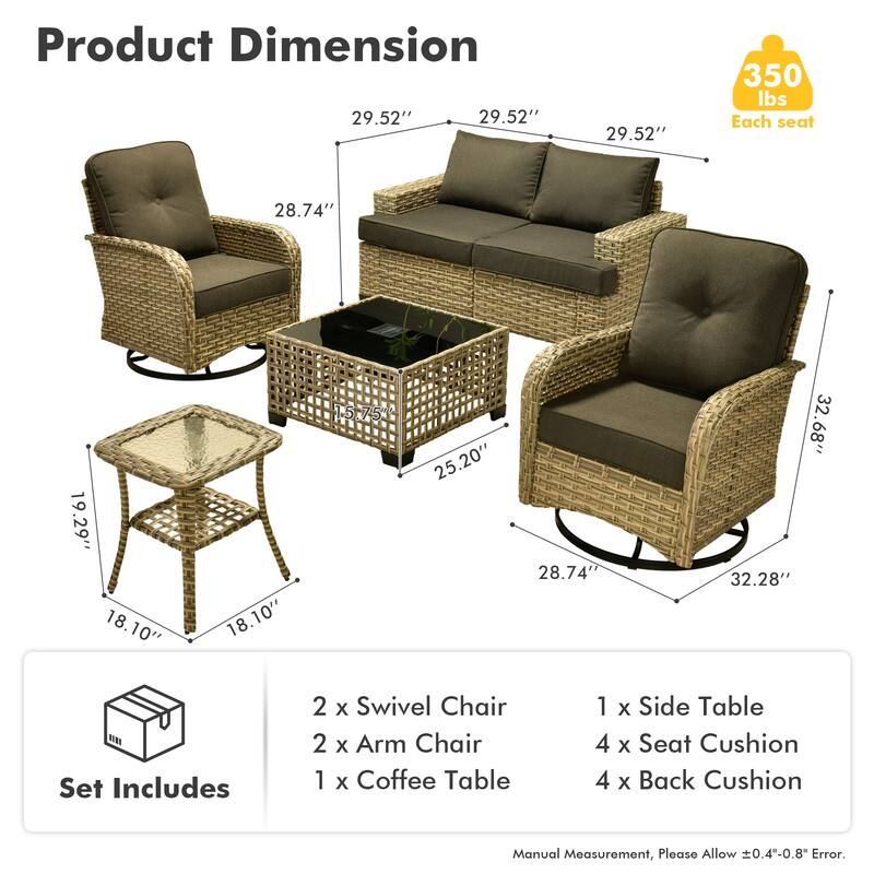 OVIOS 6 Pieces Wide Arm T shaped Seat Curved Swivel Chair Set With Solar-Powered Table