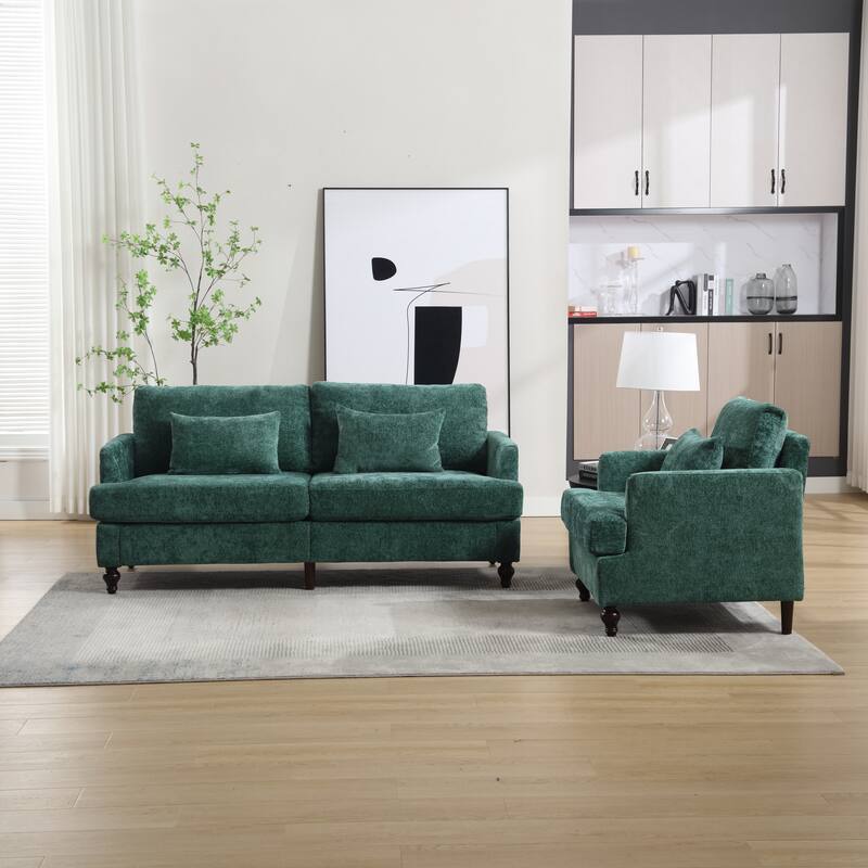 HOMEFUN Chenille Upholstered Wood Frame Loveseat with Armchair for Living Room - Emerald