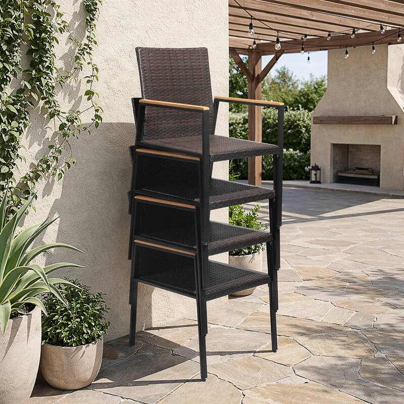 All Weather Wicker Patio Chairs Set of 2, Acacia Wood Armrests