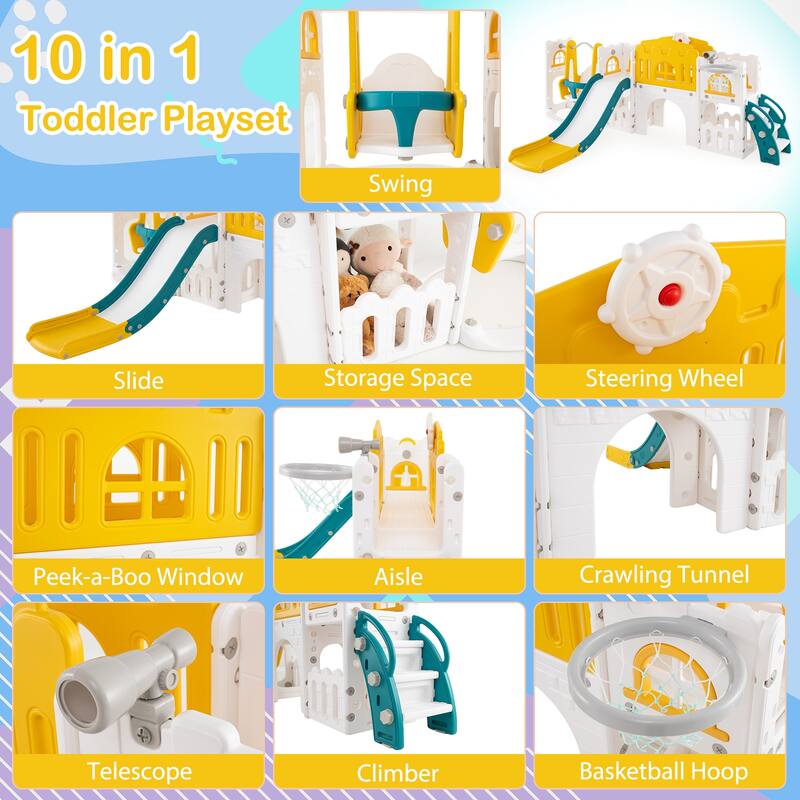 Gymax 10 in 1 Toddler Swing & Slide Set w/Basketball Hoop Telescope