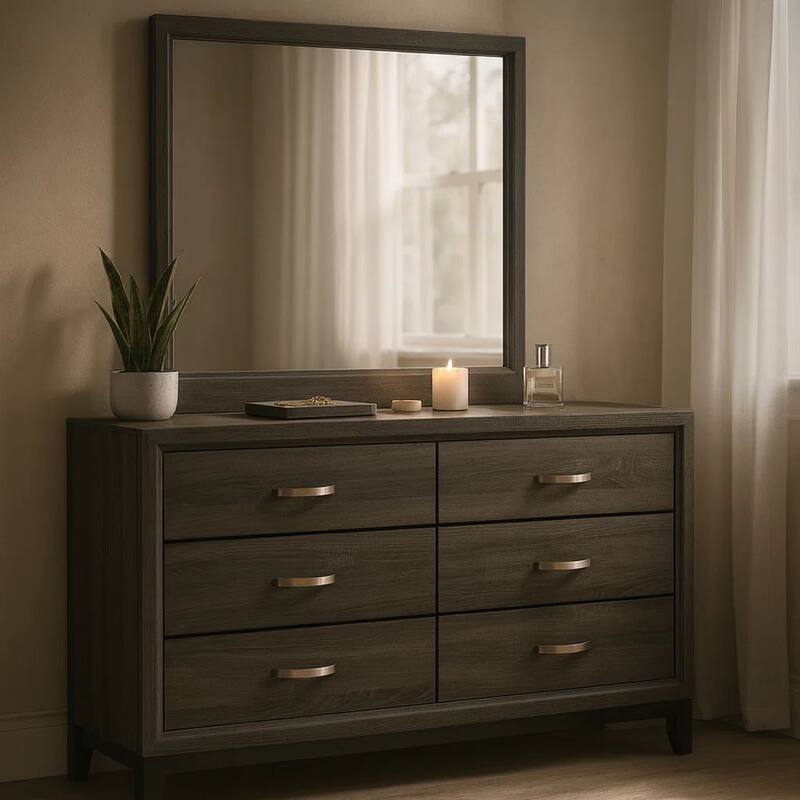 Mela 2pc Wide Dresser and Mirror Set, 6 Drawers, Gray Oak Wood