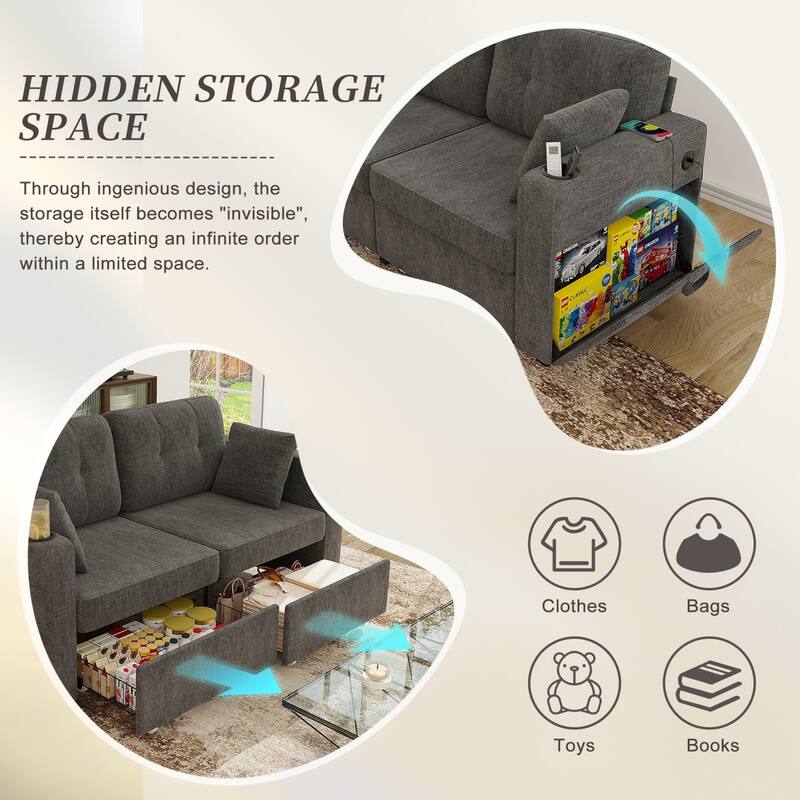 67.76" Chenille 3-Seater Sofa with USB Ports and Storage