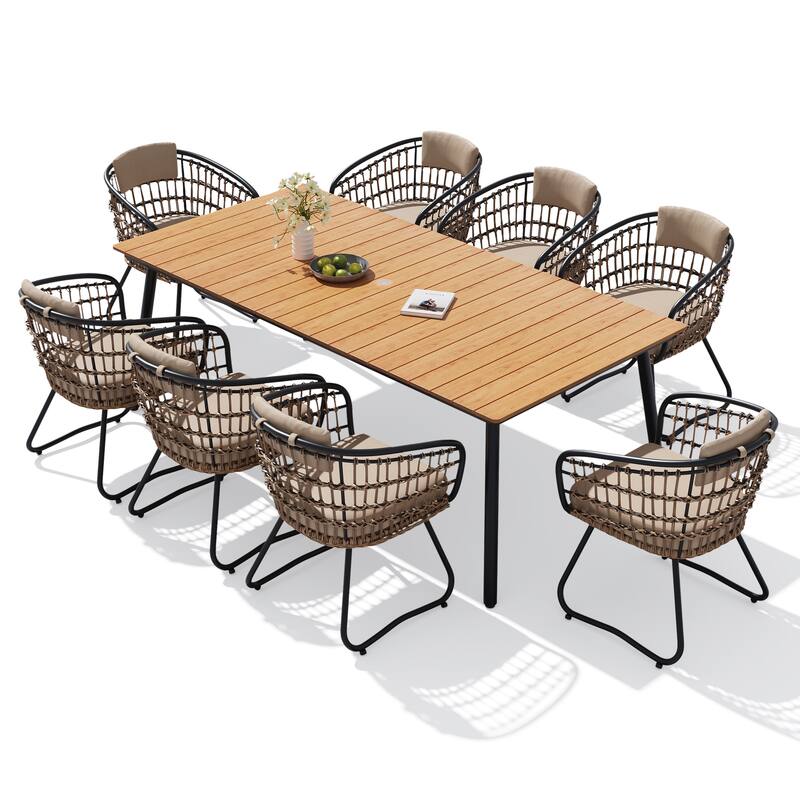 9-Piece Outdoor Patio Dining Set Wood-Like Table Top Alumium Umbrella Hole Table with Rattan Chairs