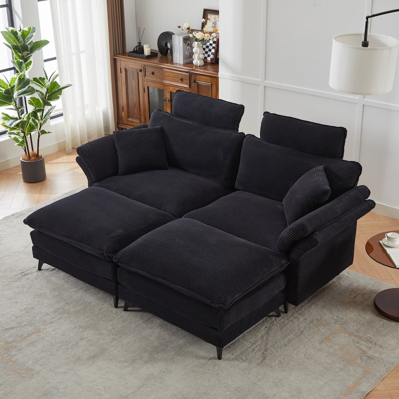 Corduroy Loveseat Sofa, Deep Seat Sectional Sofa wMovable Ottoman & 2 Pillows Upholstered Tufted Couch for Living Room