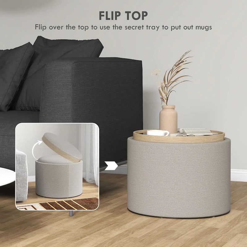 Round Storage Ottoman Coffee Table with Flip Top Tray,Hidden Storage