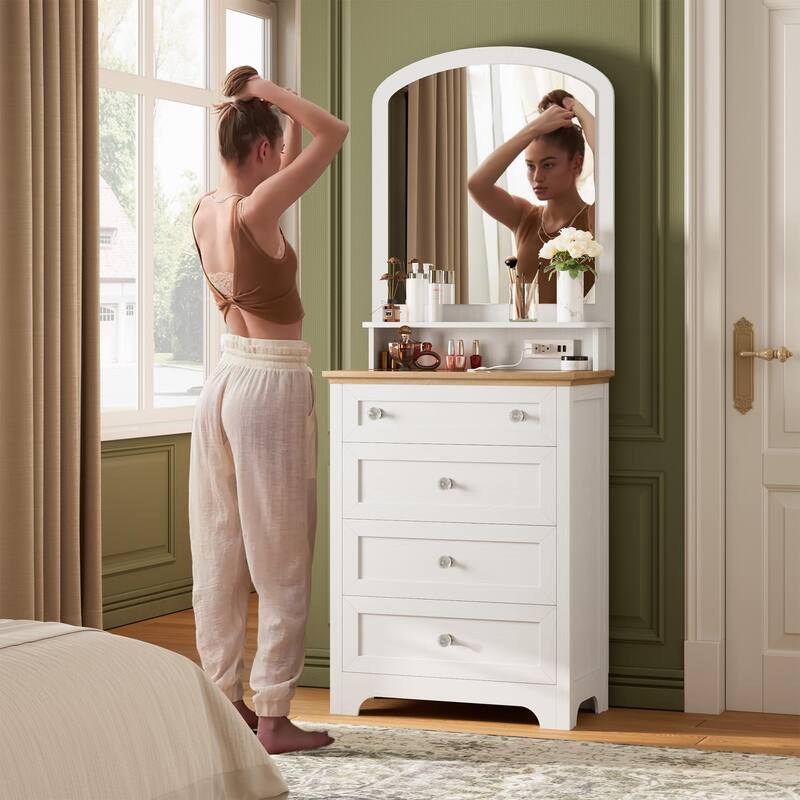 White 4-Drawer Dresser with Mirror, Built-In Charging Station and LED Strip, Modern Vanity Table