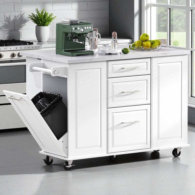 50.7" Rolling Kitchen Island with Tilt Trash Cabinet, Drop Leaf, Pull-Out Organizer, 2 Drawers and 1 Door