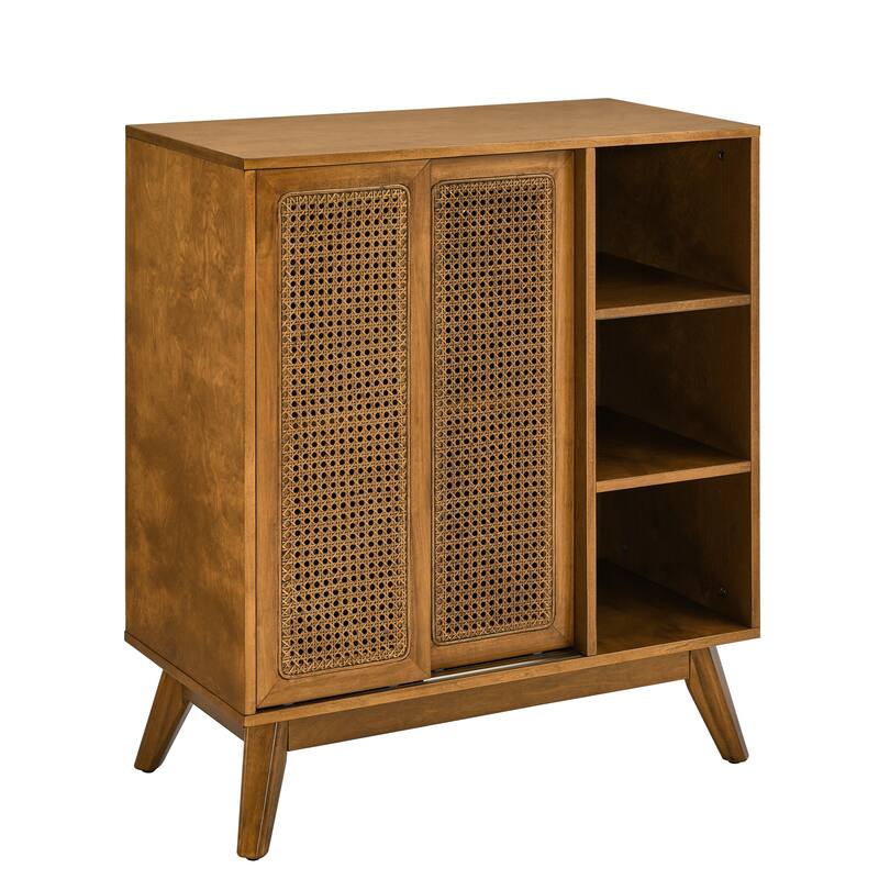 Mid-Century Rattan Sideboard with Adjustable Shelves & Solid Wood Legs (Light Wood)
