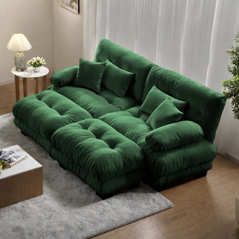 94.4" 2-Seater Chenille Cloud Couch with 4 Pillows and 2 Ottomans(Convertible Sleeper Sofa)