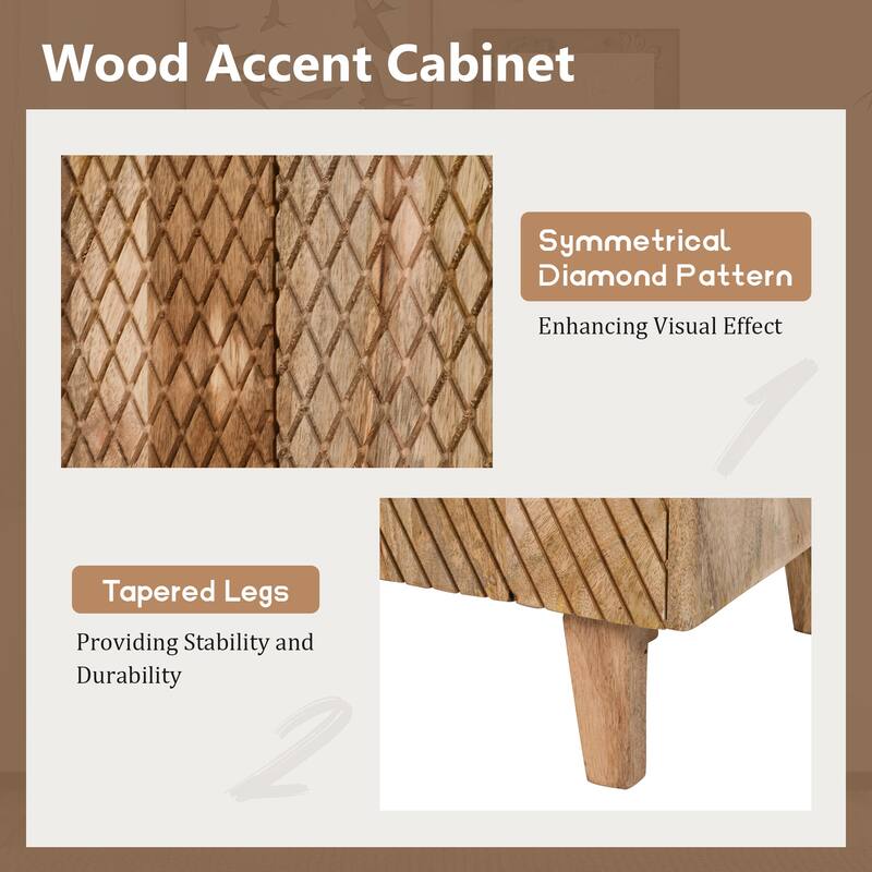 Wood Accent Cabinet with Storage, Rustic Mango Wood Storage Cabinet with Fluted Design and Adjustable Shelf for Dining R