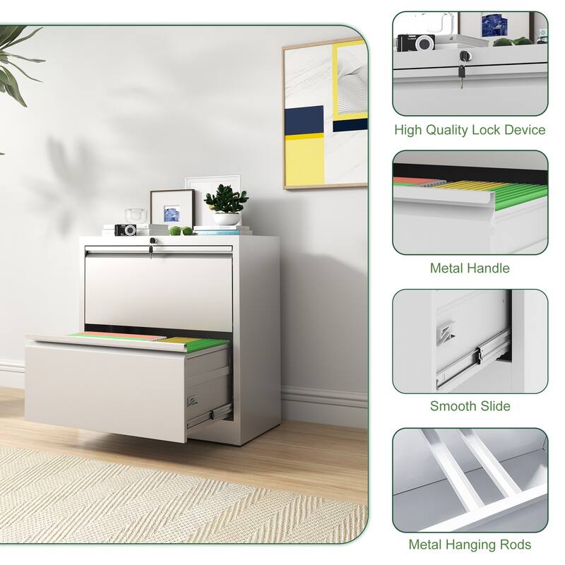 Modern Side-Pull File Cabinet, Wide Horizontal Filing Cabinet with Lock, 2 Drawers, Silent Slides, for Home Office, White