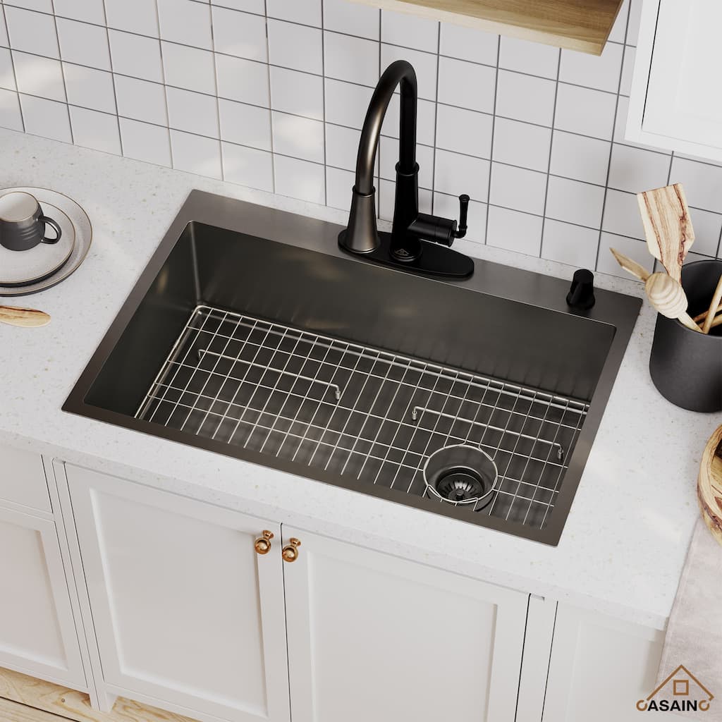 Stainless Steel Sink 33 in. 16-Gauge Single Bowl Drop-In Kitchen Sink with Bottom Grid and Drainer - 33" x 22"