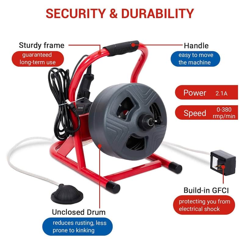 50Ft x 5/16 Inch Drain Cleaner Machine, Electric Drain Auger Cleaner for 3/4" to 3" Pipes
