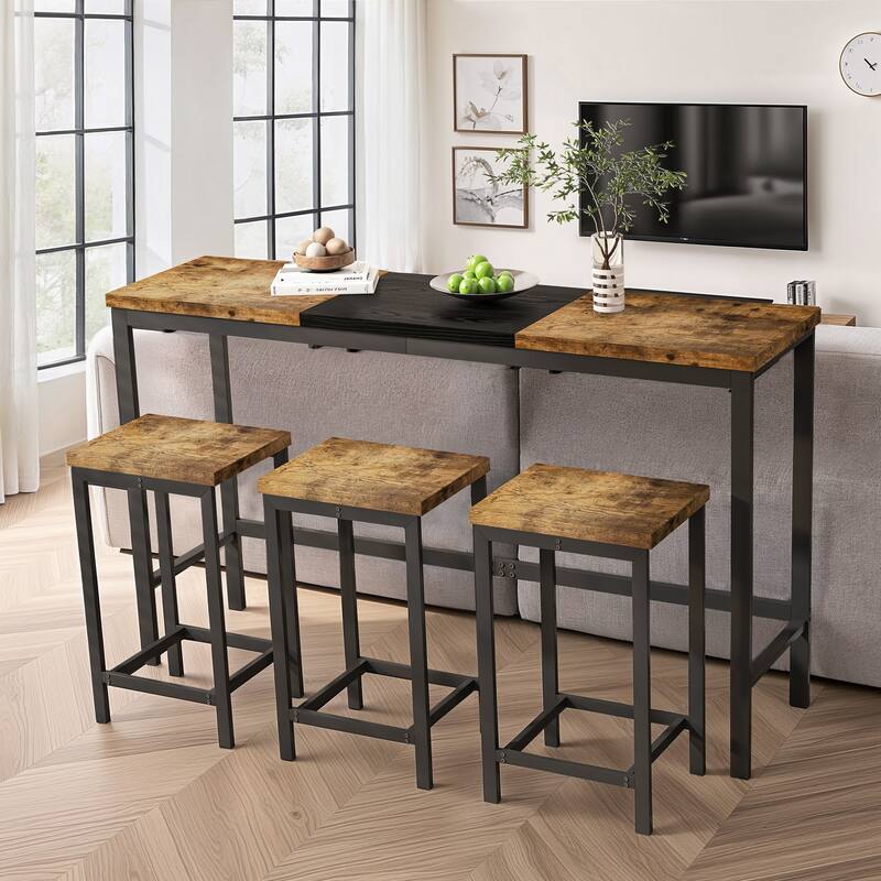 4-Piece Modern Design Kitchen Dining Table, Pub Table, Long Dining Table Set with 3 Stools, Convenient Hanging Stool Design - Natural+Black