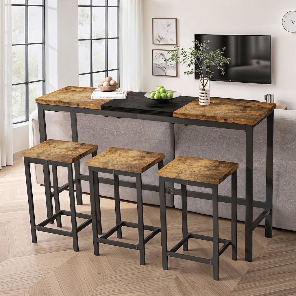 4-Piece Modern Design Kitchen Dining Table, Pub Table, Long Dining Table Set with 3 Stools, Convenient Hanging Stool Design