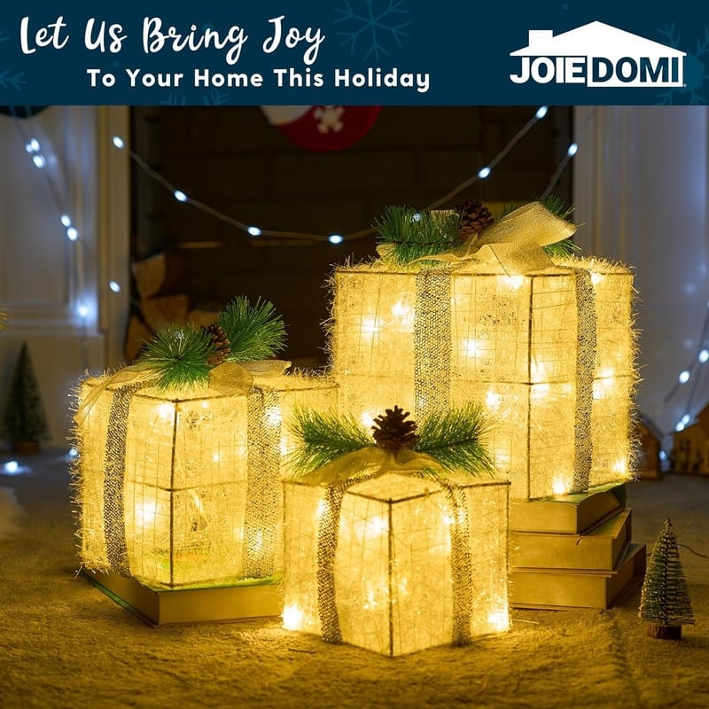 Christmas Lighted Gift Boxes - Set of 3 Iridescent Present Boxes for Indoor Holiday Décor
