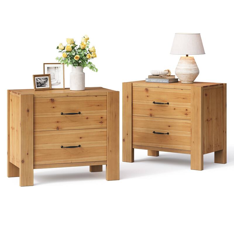 Solid Wood Nightstand with 2 Drawers - Natural Oak-2PCS