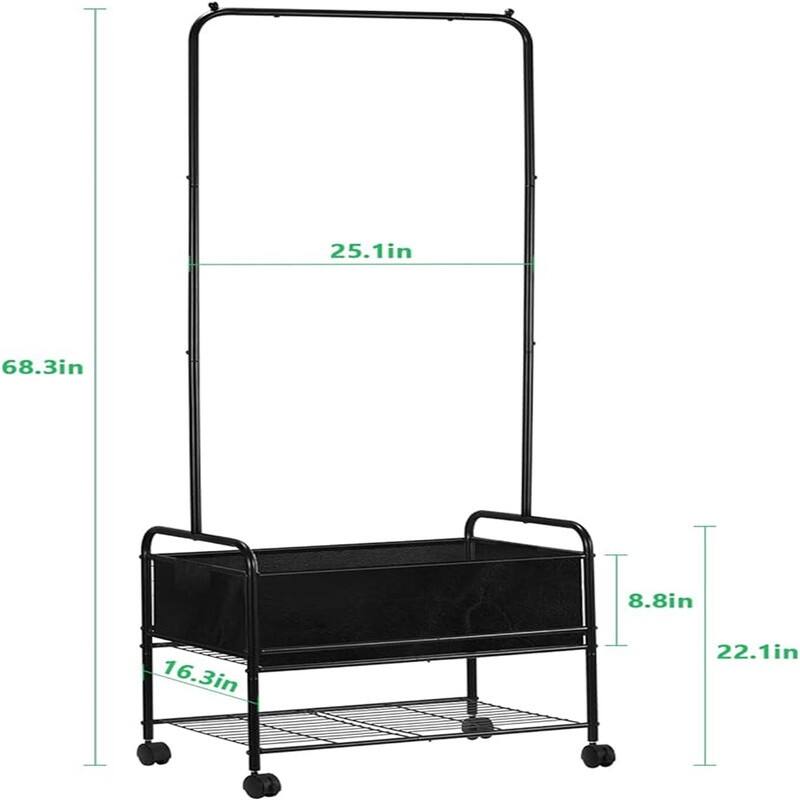 Rolling Laundry Cart with Storage Basket and Hanging Bar - 41.4"D x 22.6"W x 173.5"H