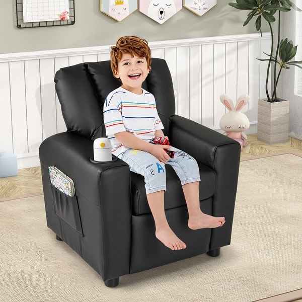 slide 2 of 36, PU Leather Kids Recliner Chair with Cup Holder and Pocket - 23.5" x 23.5" x 28" Black