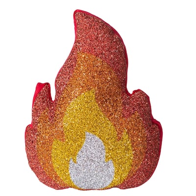 Fire Emoji Shaped Pillow, Luminous Rhinestones on Red Velvet