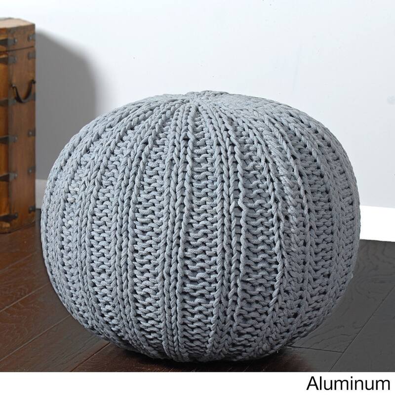 LR Home Sutton Hand-knitted Cable Cotton Pouf Ottoman - Grey