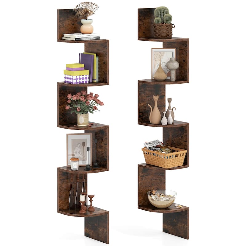 1/2PCS Corner Shelf Wall Mounted Wooden Display Stand Rack - Rustic Brown - 2PCS
