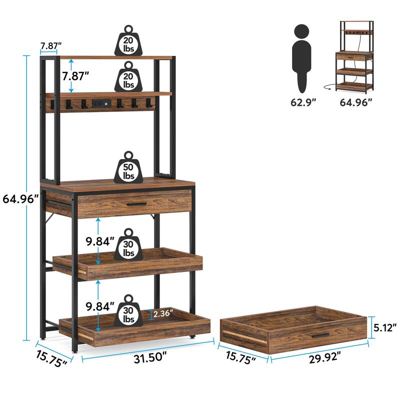 5-Tier Baker's Racks Rack with Power Outlets, Drawer and Sliding Shelves - Rustic Brown & Black
