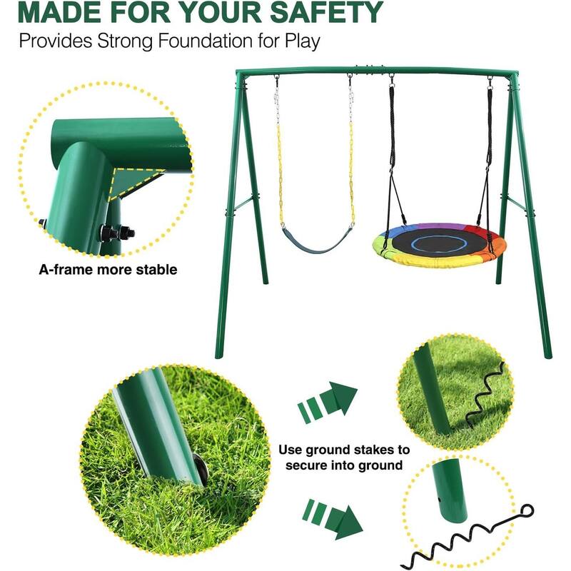 440lbs Heavy Duty Metal Swing Sets for Backyard Playground Outdoor Playset with 2 Seat
