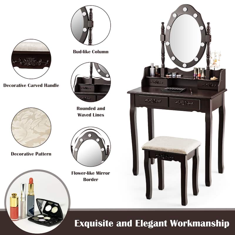 Gymax Makeup Vanity Dressing Table Set w/10 Dimmable Bulbs Cushioned - See Details
