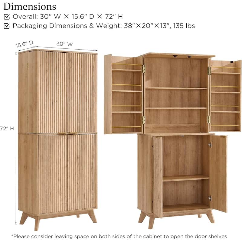 Fluted Pantry Storage Cabinet, Spacious Dual-Zone Wood Organizer