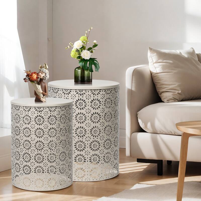 Adeco Set of 2 Round Metal Nesting Side End Tables Set - set of 2