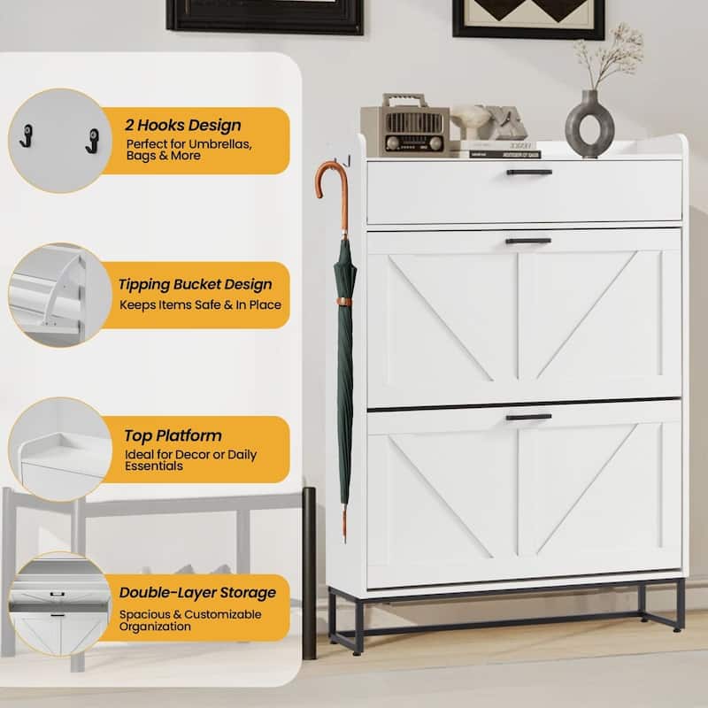 AVAWING Freestanding Farmhouse Shoe Cabinet - 2 Flip Drawers & Adjustable Shelves, Entryway Slim Storage with Side Hooks.