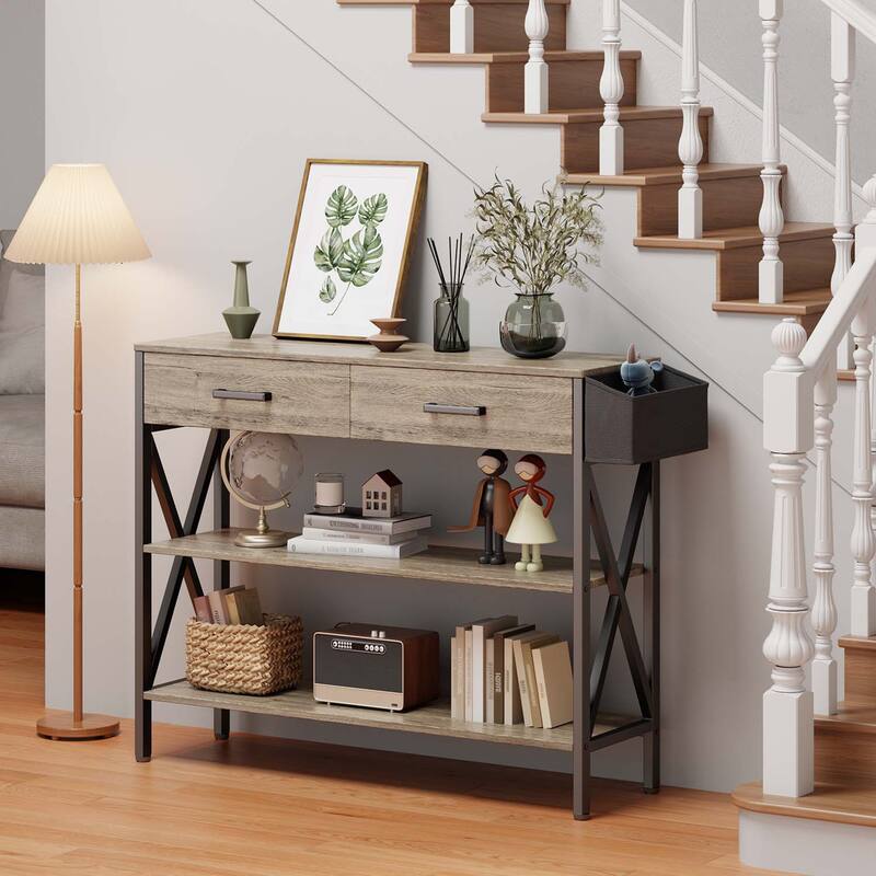 Multi-function Console Table with 2 Drawers, Entryway Sofa Table with 3 Tier Storage Shelves - Grey