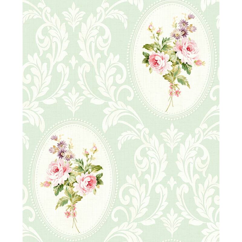 Seabrook Designs Francesca Framed Bouquet Damask Unpasted Wallpaper