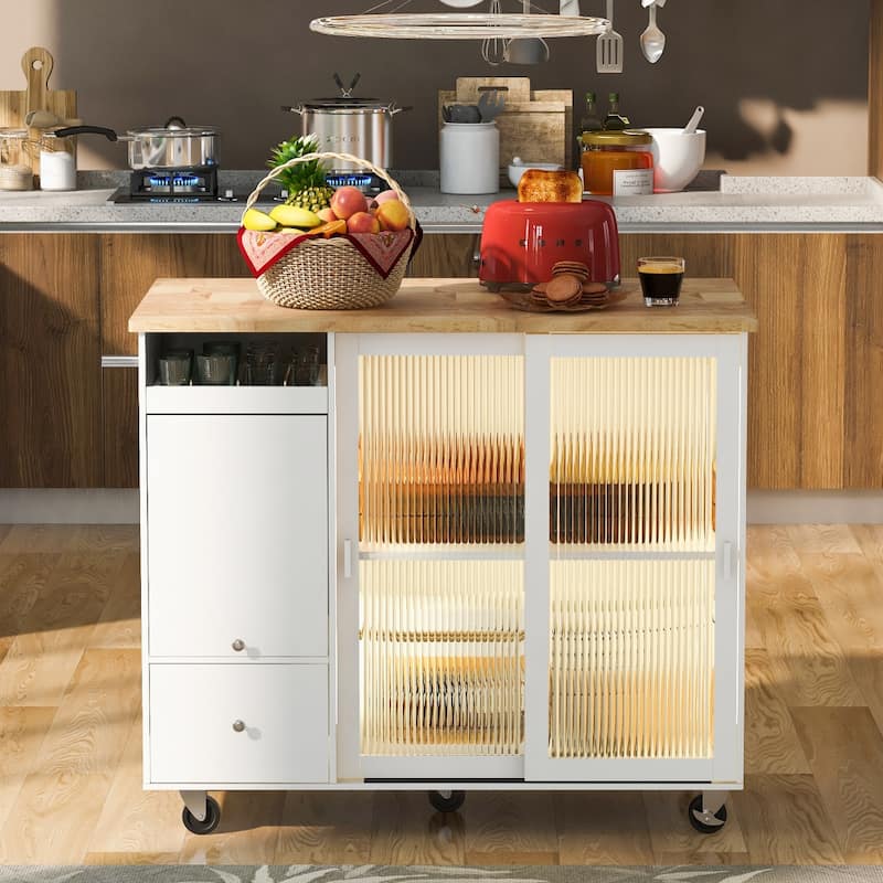 LED Light Kitchen Cart with Drop Leaf and Adjustable Shelf