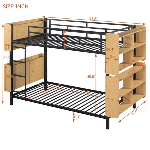Twin Over Twin Metal Bunk Bed with Ladder & Storage Shelves, No Box Spring, Black