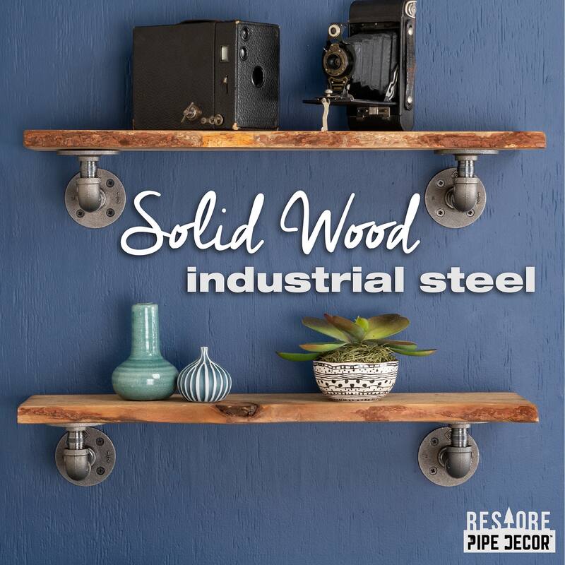 PIPE DECOR Live Edge Reclaimed Wood Shelf with Industrial Pipe Brackets, Set of 2