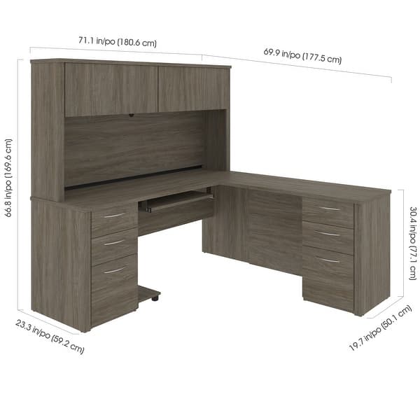 dimension image slide 0 of 3, Bestar Embassy 71" L-shaped desk with hutch