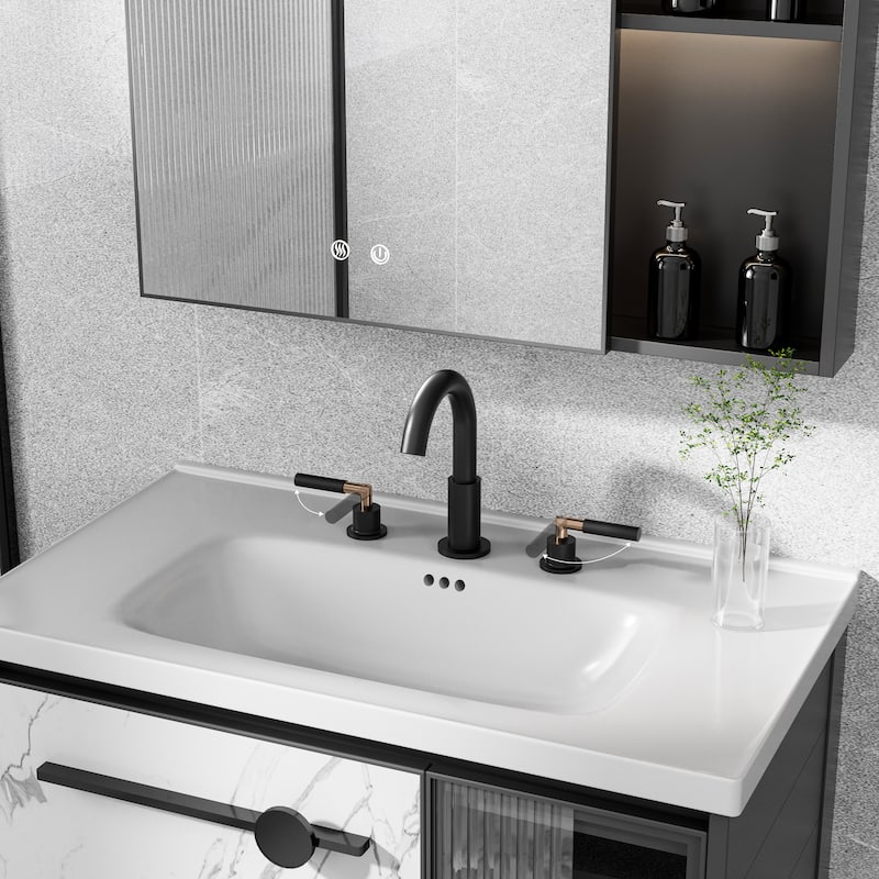 Modland 304 Stainless Steel 3-Hole Bathroom Faucet with 360-degree Swivel Spout, Brushed Gold/ Matte Black
