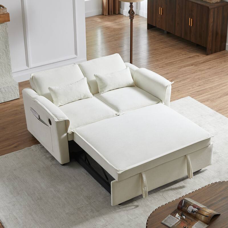 55" Fabric Sofa Bed with Sleeper, Adjustable Backrest & 2 Lumbar Pillows